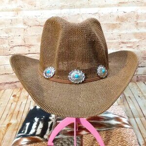Steve Madden Brown Straw Cowboy Hat w/Silver Turquoise Decor